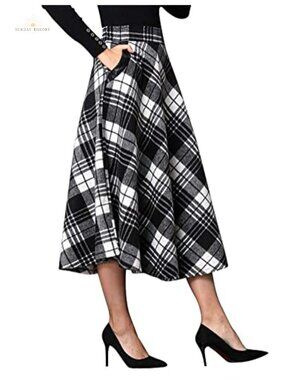 Womens Plaid Wool Midi Skirt Elastic Waist A-Line Pleated Tartan